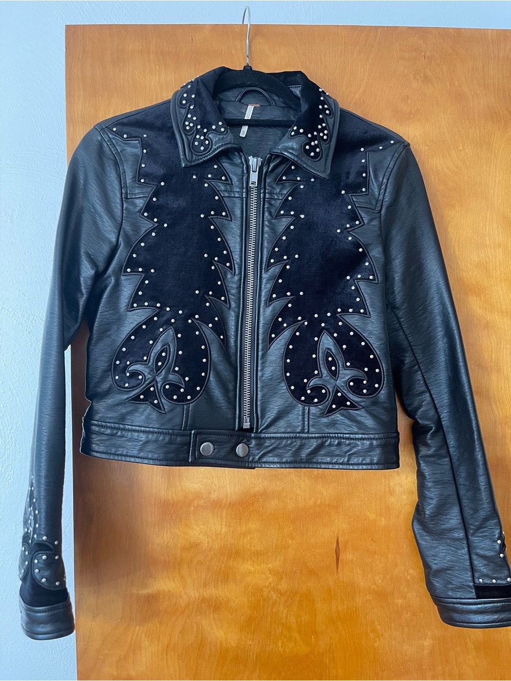 Free People Black Studded Faux Leather Bomber Jacket